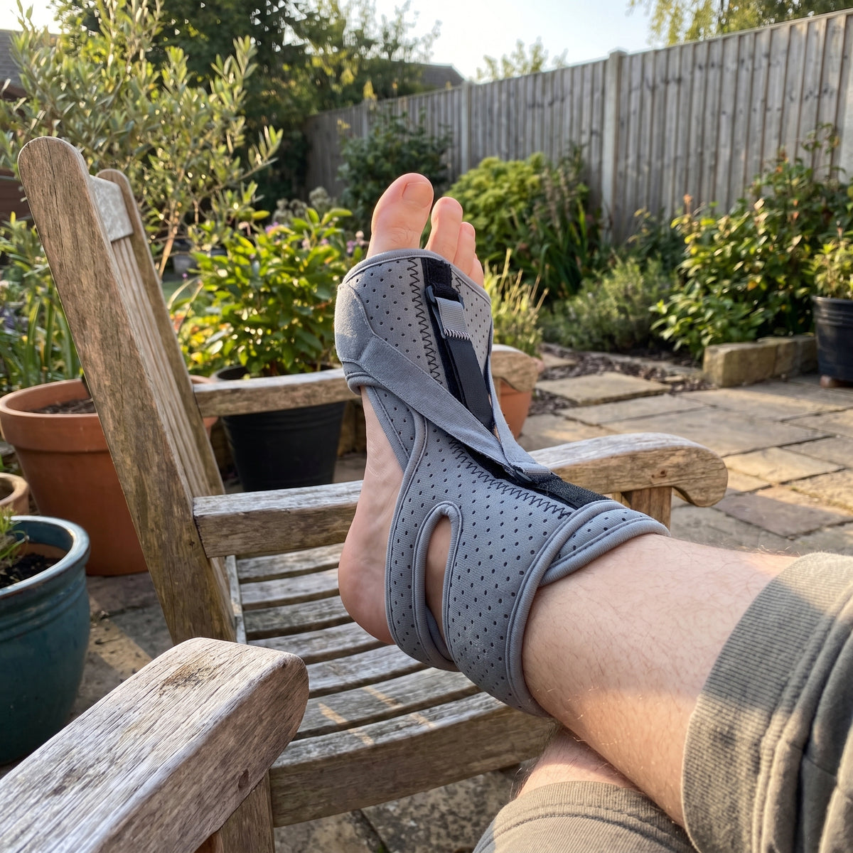 The grey night splint worn with the foot resting up on a garden chair
